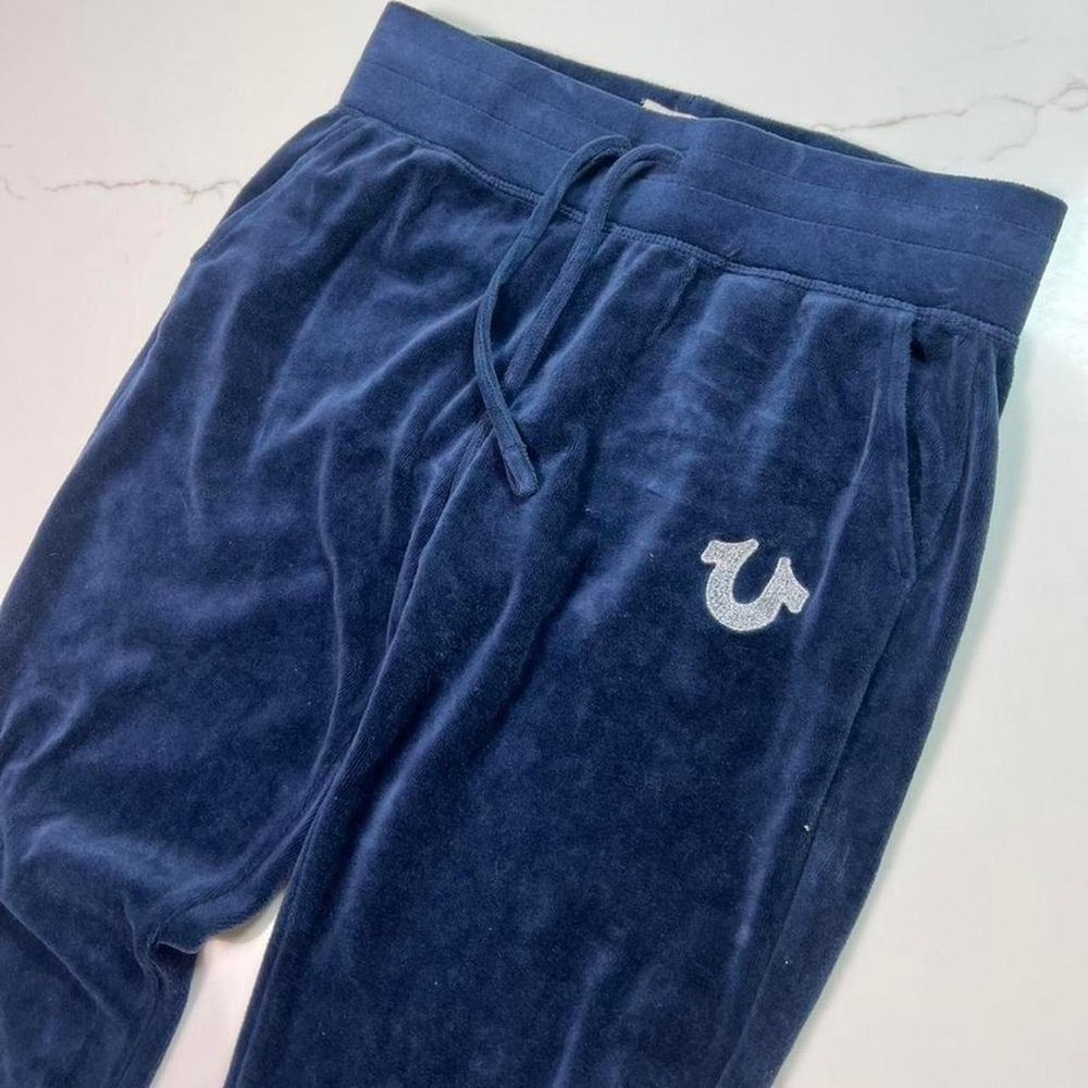True Religion Navy Blue Velour Joggers Horseshoe Logo Y2K Sweatpants Small